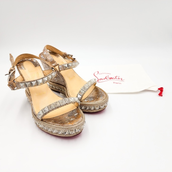 Christian Louboutin Silver Cork Platform Studded Espadrille Sandals Shoes EU 37 - Picture 10 of 10